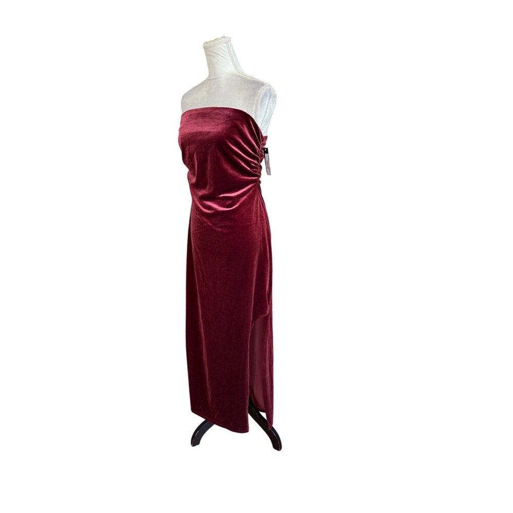 Wild Fable Ruched Velvet Strapless Midi Dress Deep Red Thigh Slit Size M NWT
